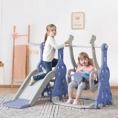 Anajqaqia 4-in-1 Toddler Playground Set, Kids Slide, Swing, Climbing Ladder and Basketball Hoop, Indoor Outdoor Play Center, Adjustable Swing, Blue