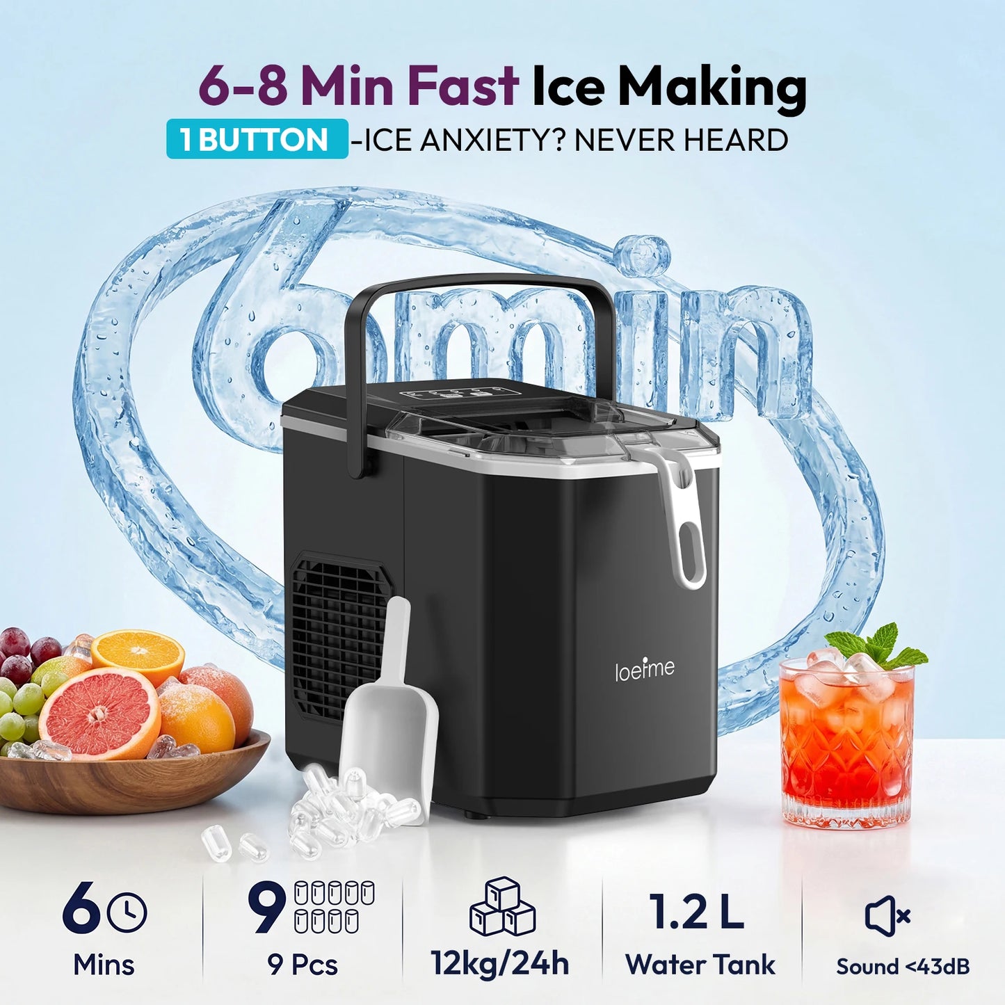 LOEFME 1.2L Ice Cube Machine 12kg/24h Ice Cube Ice Machine For Home 9pcs In 6 Min Professional Ice Machine Scoop