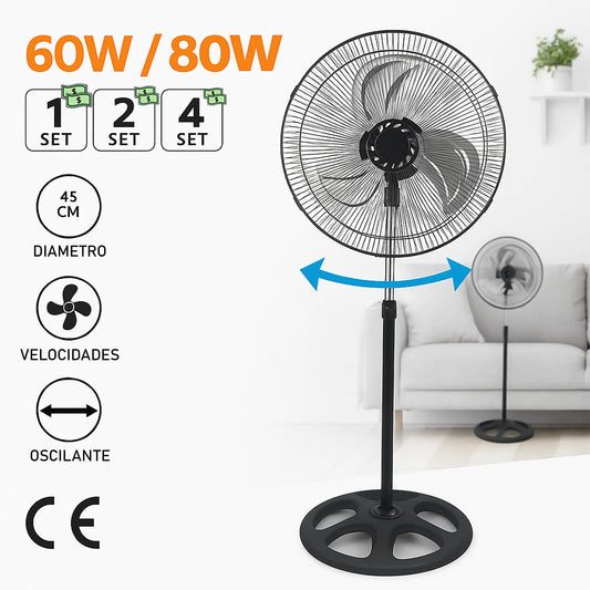 80 W tylus pastatomas ventiliatorius su 3 greičiais ir svyravimo funkcija, 45 cm skersmens, temperatūros diapazonas nuo 5 iki 42 laipsnių, CE ir RoHS sertifikatas, galingas ir efektyvus