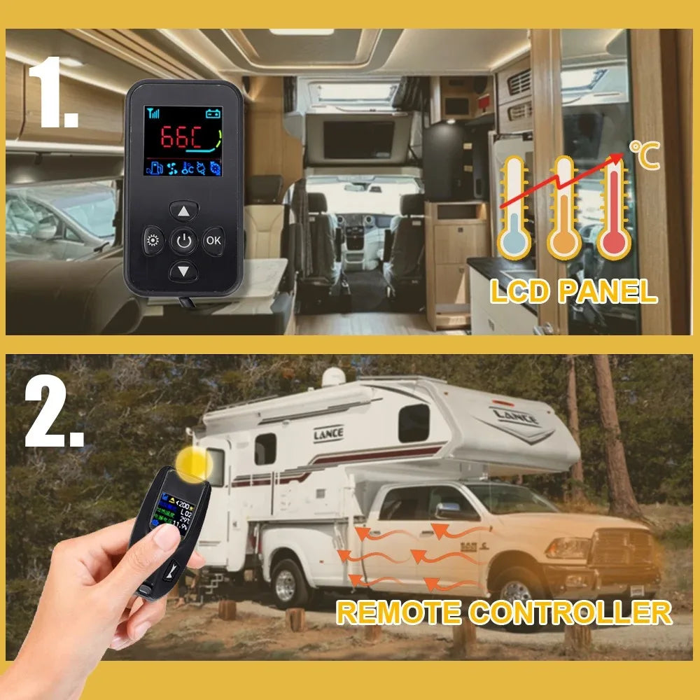 12V 6KW Diesel Heater One/Two-Way Remote Control LCD Switch Parking Heater Brushless Water Pump Diesel Heating for Car Van Trucks Engine Preheating