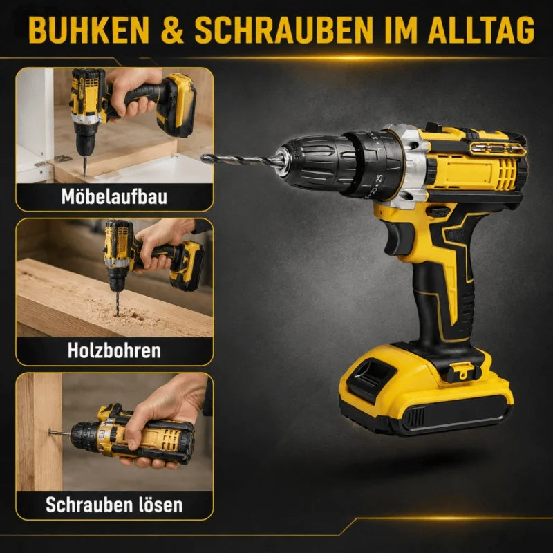 Yellow 3‑in‑1 Cordless Impact Drill Multifunctional Electric Hammer Drill Screwdriver Rechargeable Power Drill For Wood Metal Concrete Drilling