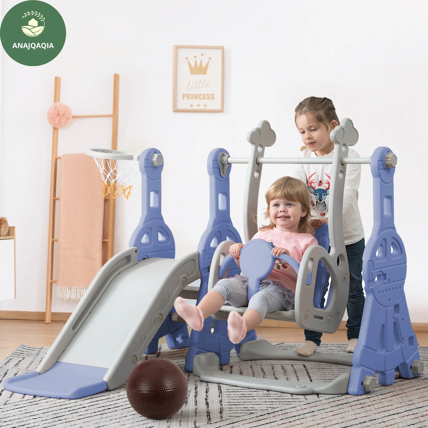 Anajqaqia 4-in-1 Children's Slide and Swing Set with Climbing Ladder & Basketball Hoop, Indoor Outdoor Toddler Play Centre, Blue