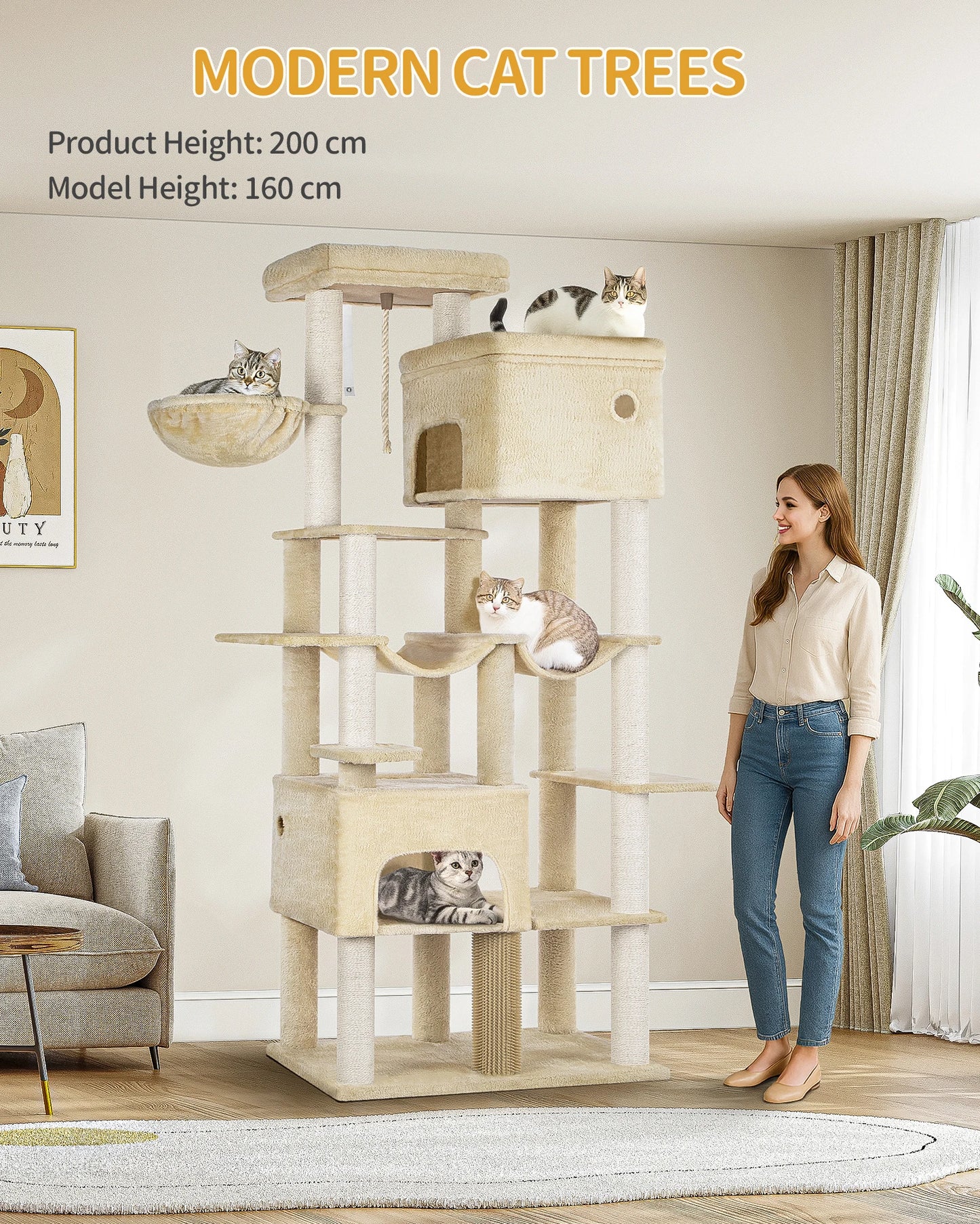 200cm XXL cat tree with 10 scratching posts, 2 caves, 2 hammocks, large platform,basket,for Maine Coons,large cats, beige
