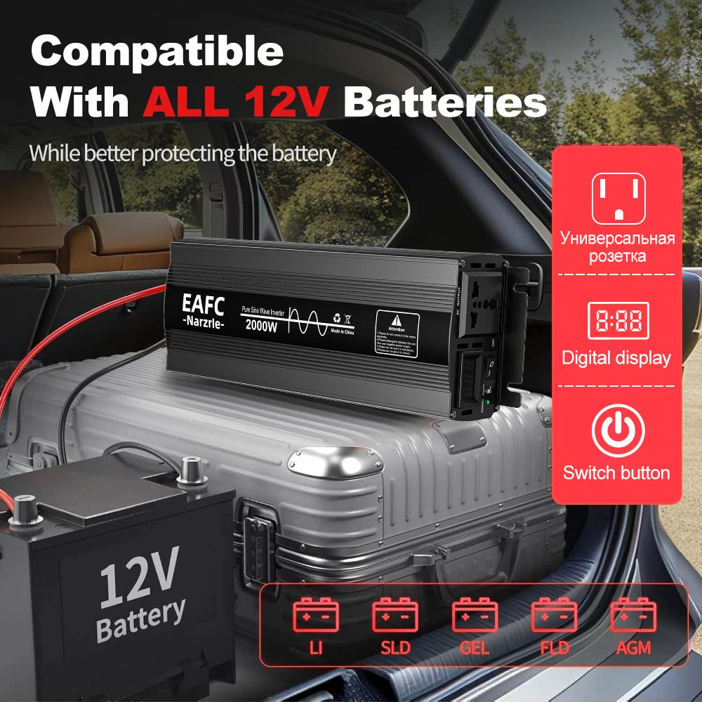 EAFC Pure Sine Wave Inverter 4000W/3000W/2000W DC 12V To AC 220V Voltage Transfer Converter Universal EU Socket Auto Accessories