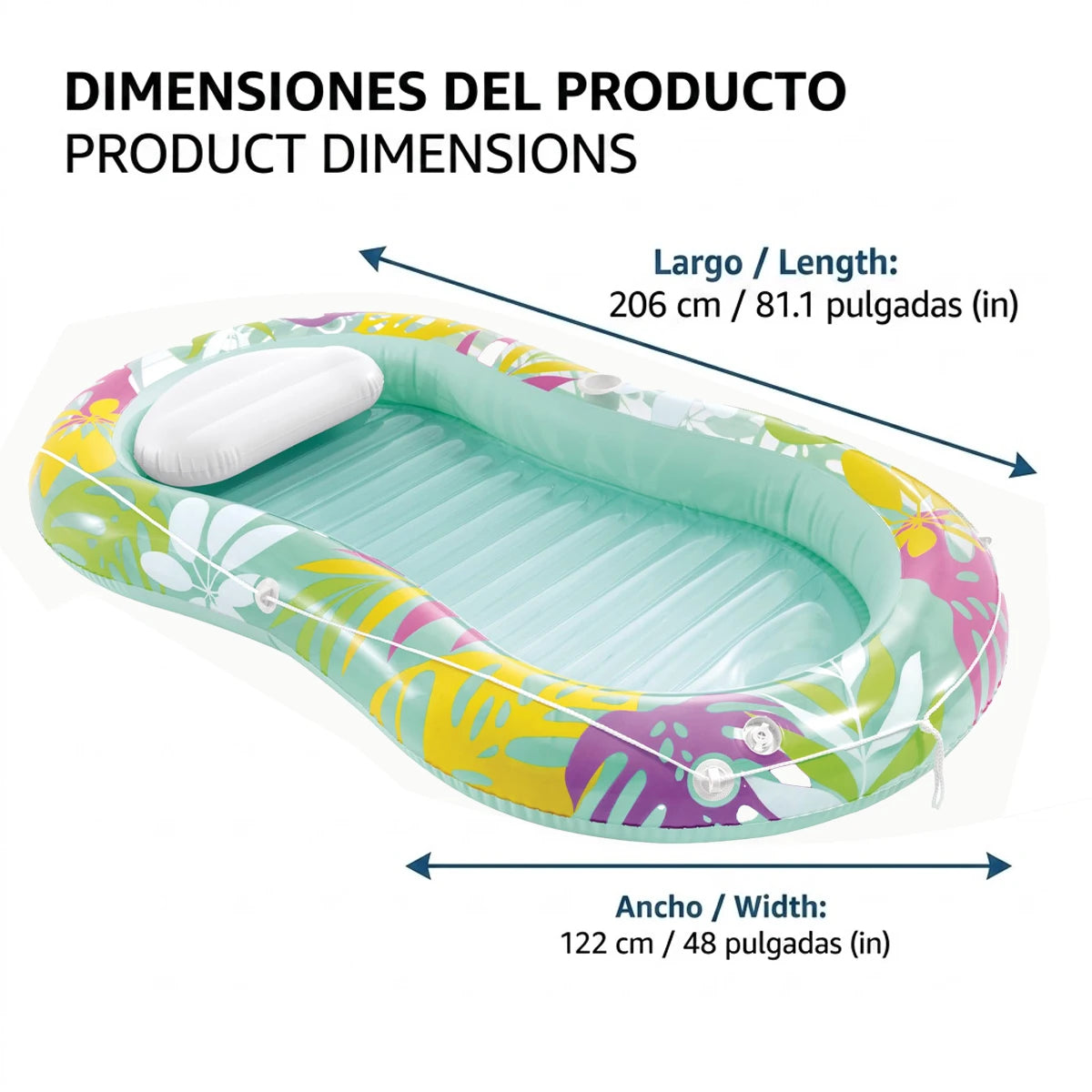 Inflatable Lounge Mat'Oasis Tropical' Pink and Green 206X122Cm High Quality Pvc Supports 100kg Multifunctional Reclining Design for Pool, Beach, Lake and Summer Leisure Activities