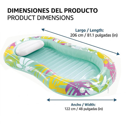 Inflatable Lounge Mat'Oasis Tropical' Pink and Green 206X122Cm High Quality Pvc Supports 100kg Multifunctional Reclining Design for Pool, Beach, Lake and Summer Leisure Activities