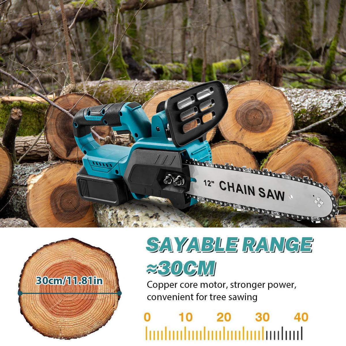 1500W 12Inch Cordless Chainsaw Brushless Lithium Battery Powered Household Woodworking Electric Efficient Handheld Cutting Power Tool with Makita 21V Battery
