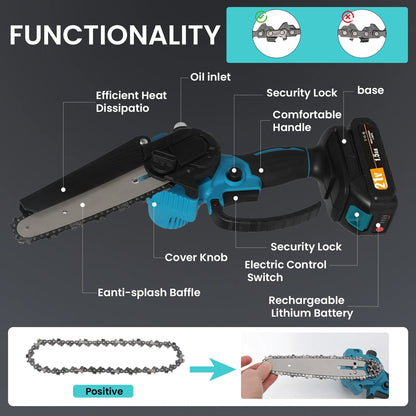 21V 6Inch Cordless Electric Chainsaw Powerful Electric Small Portable Chainsaw with Automatic Oiler Pruning Saw Woodworking Tool