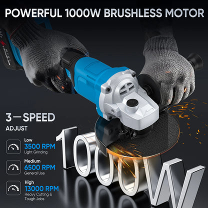 21V 125mm Brushless Angle Grinder 3-Speed Cordless Grinder Cutting Woodworking Electric Tool Suitable for Makita 21V Battery
