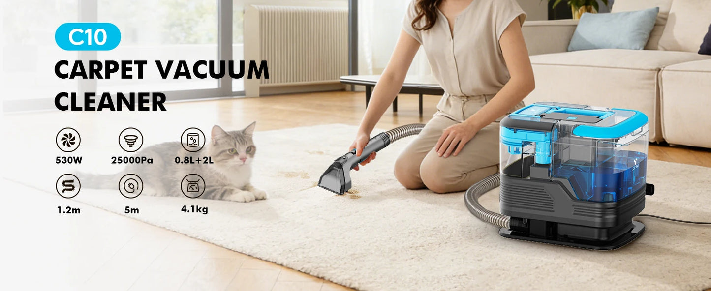 25KPA Washing Vacuum Cleaner, Portable Wired Rug Cleaner, Removable Stain Cleaner with Two Water Tanks, Wet and Dry Vacuum Cleaner