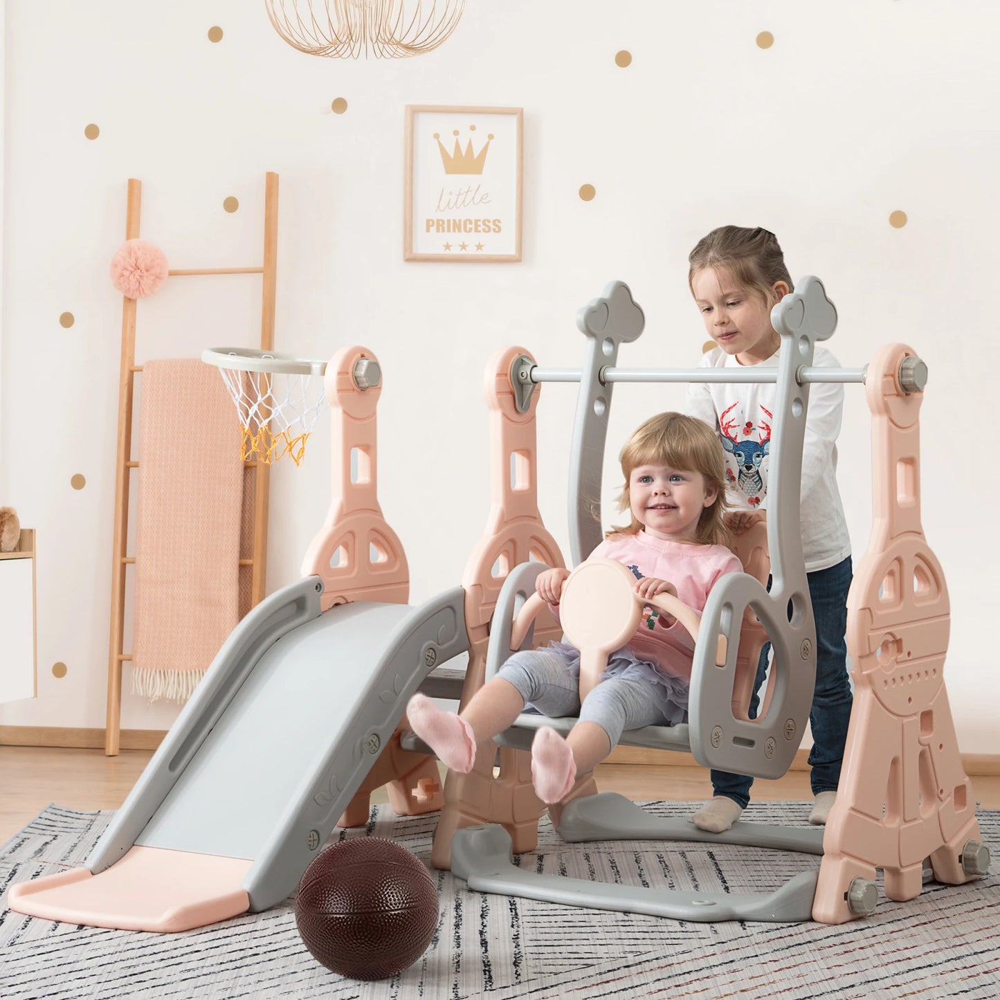 Children's playground Set, 4-in-1 Toddler Slide and Swing Combination, Independent Children's Climbing Slide, with Basketball Hoop, Suitable for Both Indoor and Outdoor Use, an Ideal Gift for Boys and Girls