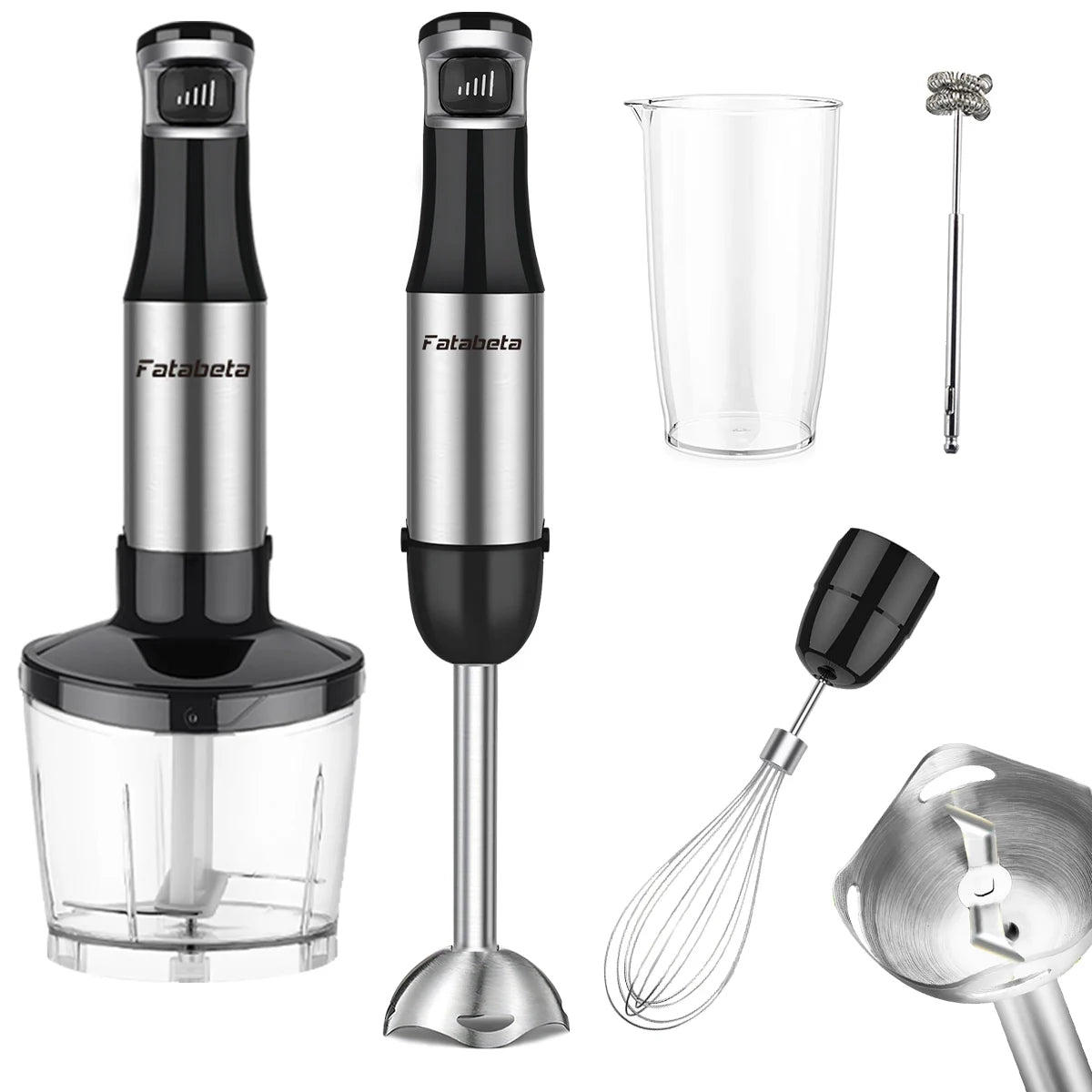 6 in 1 Handheld hand Immersion Blender - Stainless Steel Stick Blender with 5 Speed, Chopper, Whisk And Milk Frother