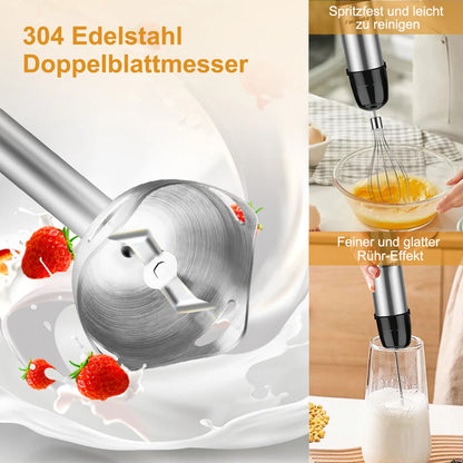 6 in 1 Handheld hand Immersion Blender - Stainless Steel Stick Blender with 5 Speed, Chopper, Whisk And Milk Frother