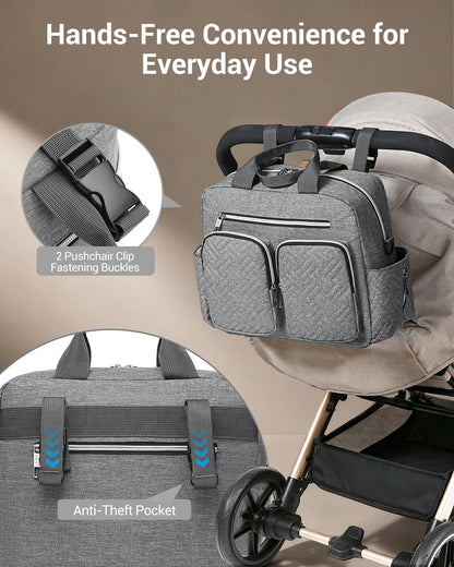KONO Baby Diaper Bag, stylish and versatile for moms and dads, travel bag with insulated pockets for bottles and snacks