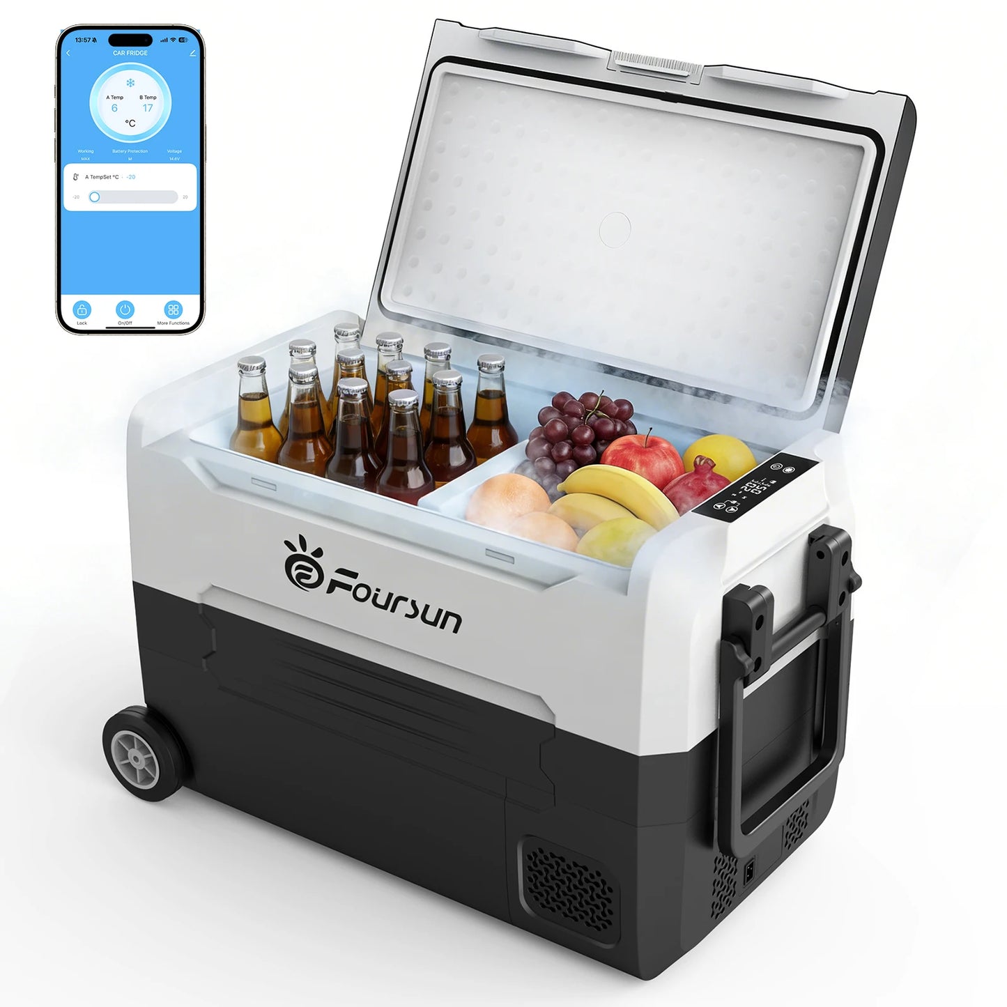 Foursun 21L/25L/35L/45L/55L Portable Compressor Car Fridge Freezer with Bluetooth App Control, for Camping, Travel, Home, DC 12V/24V & AC 100-240V