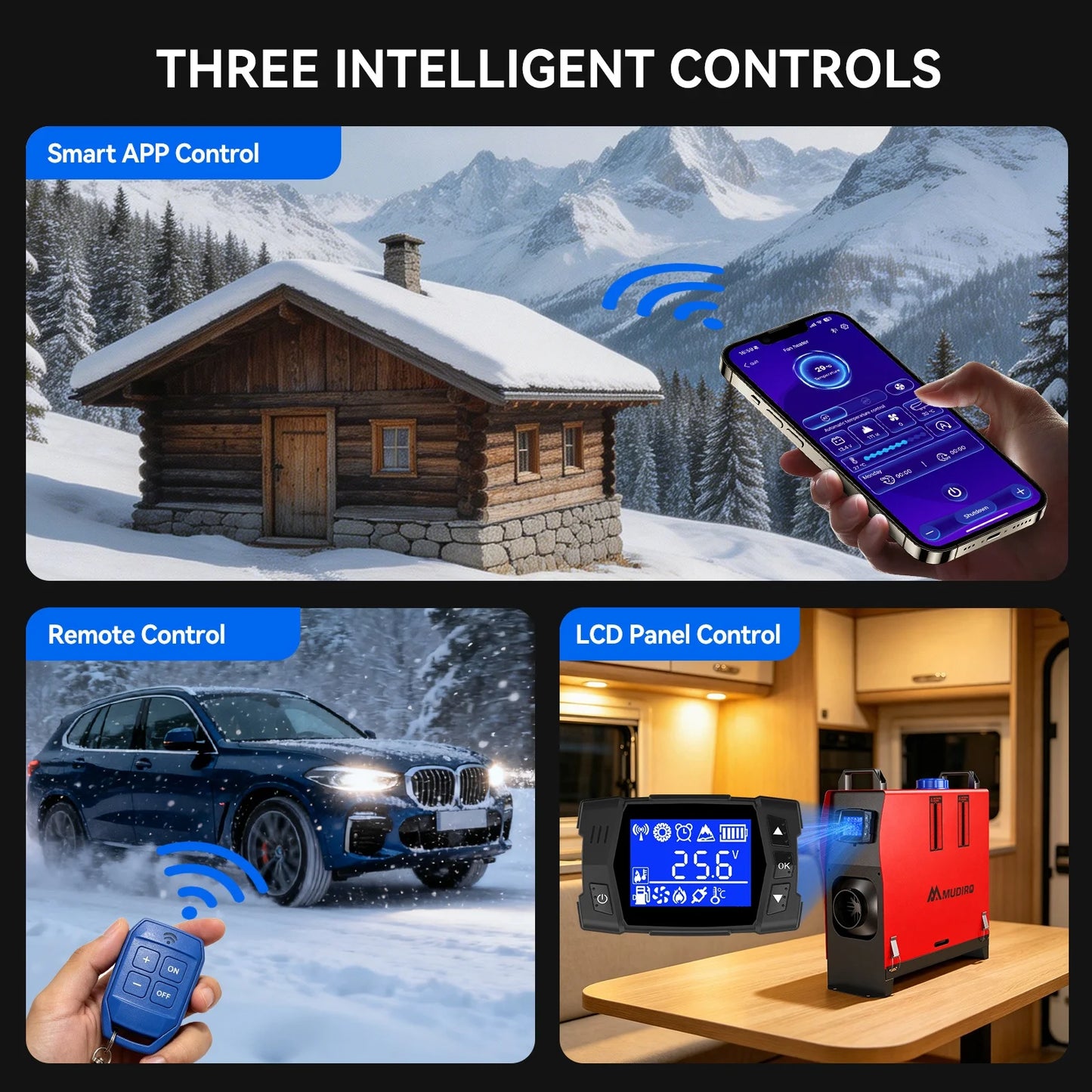 2026 Upgrade Mudiro 8KW Diesel Air Heater Auto High Altitude Mode&Smart LCD Panel Bluetooth APP + Remote Control Dual Wireless Auto Start‑Stop 4‑Language Voice Broadcast 1.5m Extension Cord 12V/24V/240V Adapter Ideal for