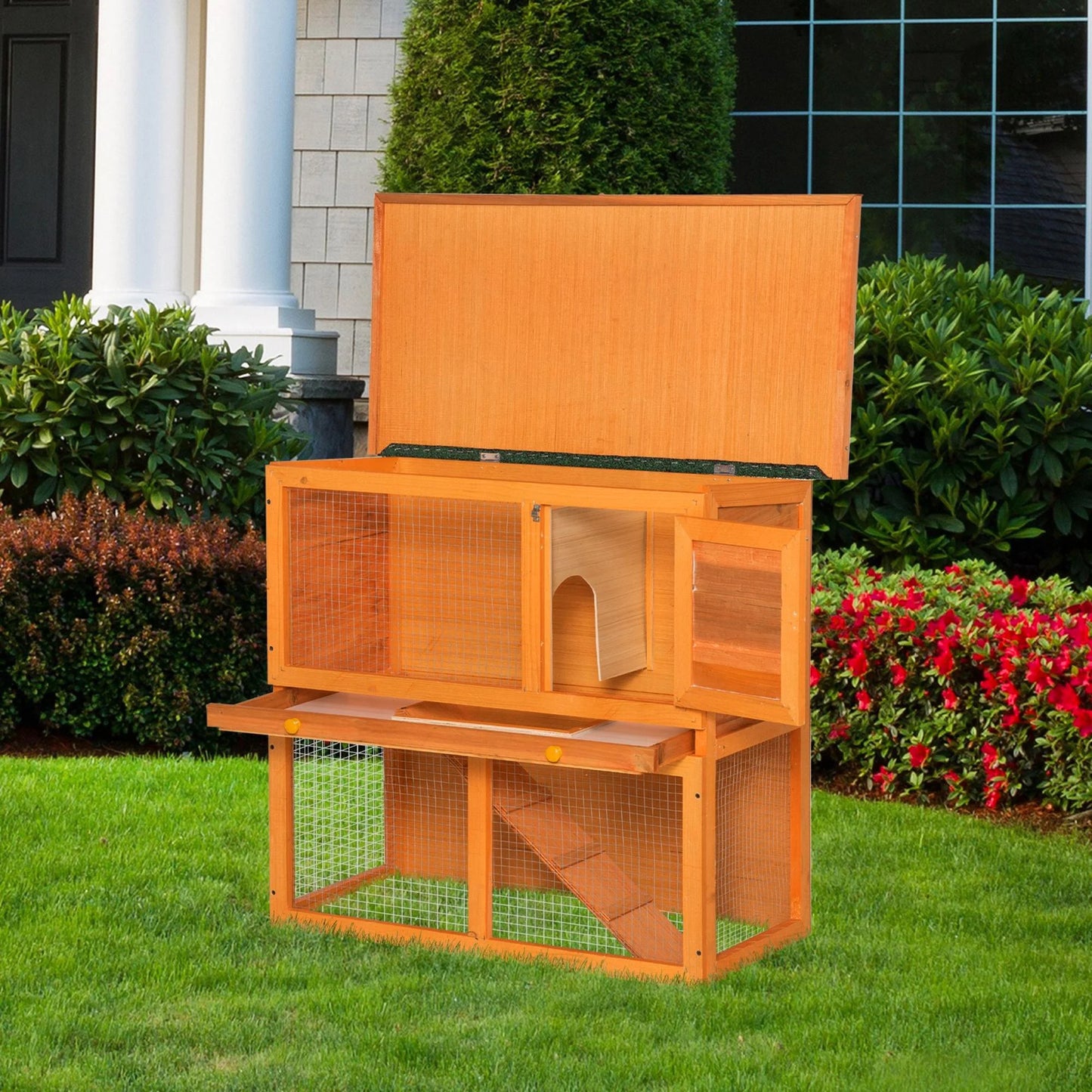 Rabbit Cage, 2-Tier Wooden Pet Hutch, Outdoor Bunny Cage with Removable Tray, Openable Roof & Lockable Doors for Small Animals with Easy Clean Tray