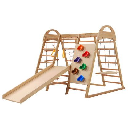 7 multifunctional 1 climbing Structure, made of solid drink, plywood and beech. Includes a swing, ladder, slide, climbing net, sockets and rings. Can also serve as shelter under tent.