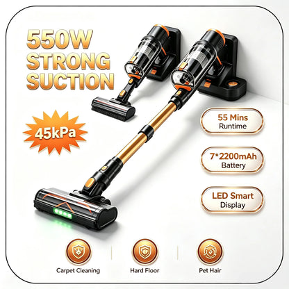 Blossom DSV112A 550W Cordless Vacuum Cleaner, 45000Pa Powerful Suction, 55 Mins Runtime, Touchscreen Stick Vacuum for Pet Hair & Carpet