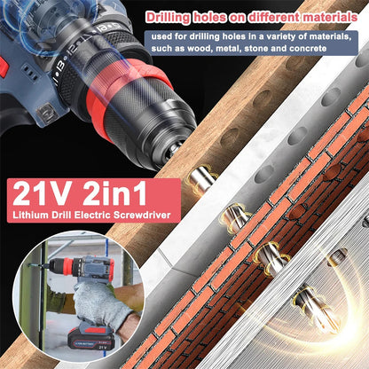 55N.M Brushless Electric Drill Screwdriver 2 IN 1 Handheld Cordless Impact Drill Woodworking DIY Power Tool With 2PCS Battery