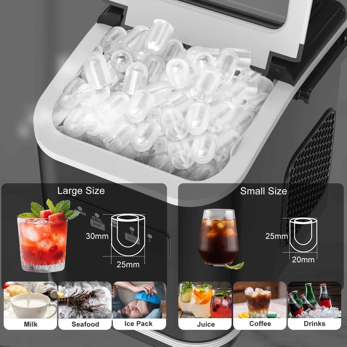 LOEFME 12kg/24h Electric Ice Maker Desktop Fully Automatic Bullet Ice Fast Ice Maker Machine Self-Cleaning Home Cafes Camping