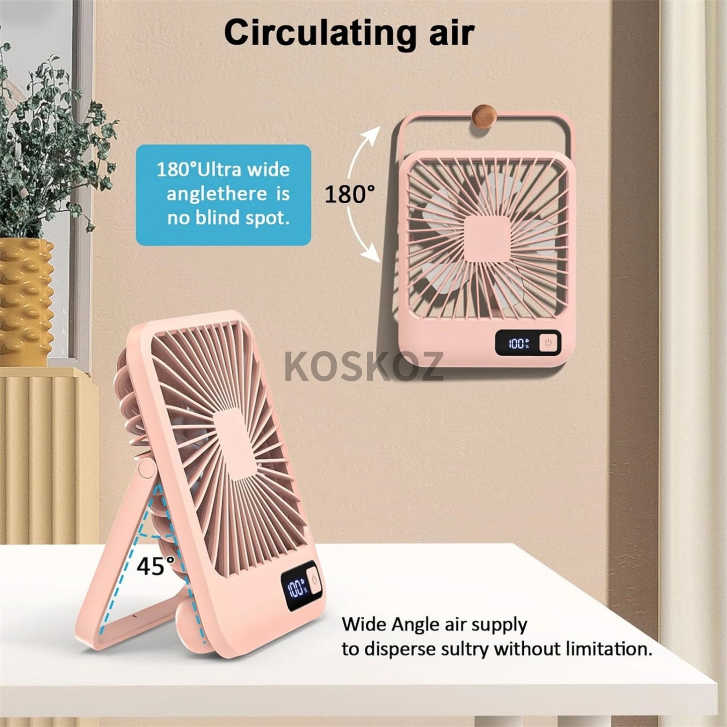 Desk Fan, Portable USB Rechargeable Fan, 180° Tilt Folding Personal Fan With Power Display, 5 Speeds Ultra Quiet Table Fan
