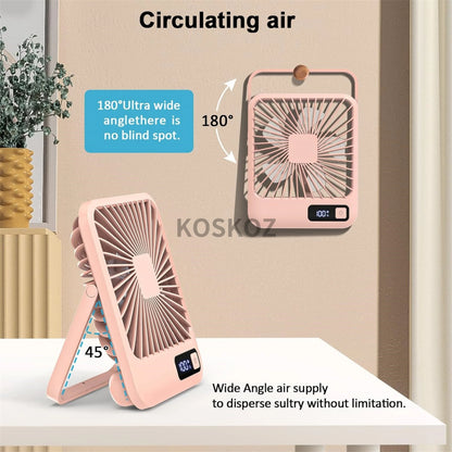 Desk Fan, Portable USB Rechargeable Fan, 180° Tilt Folding Personal Fan With Power Display, 5 Speeds Ultra Quiet Table Fan