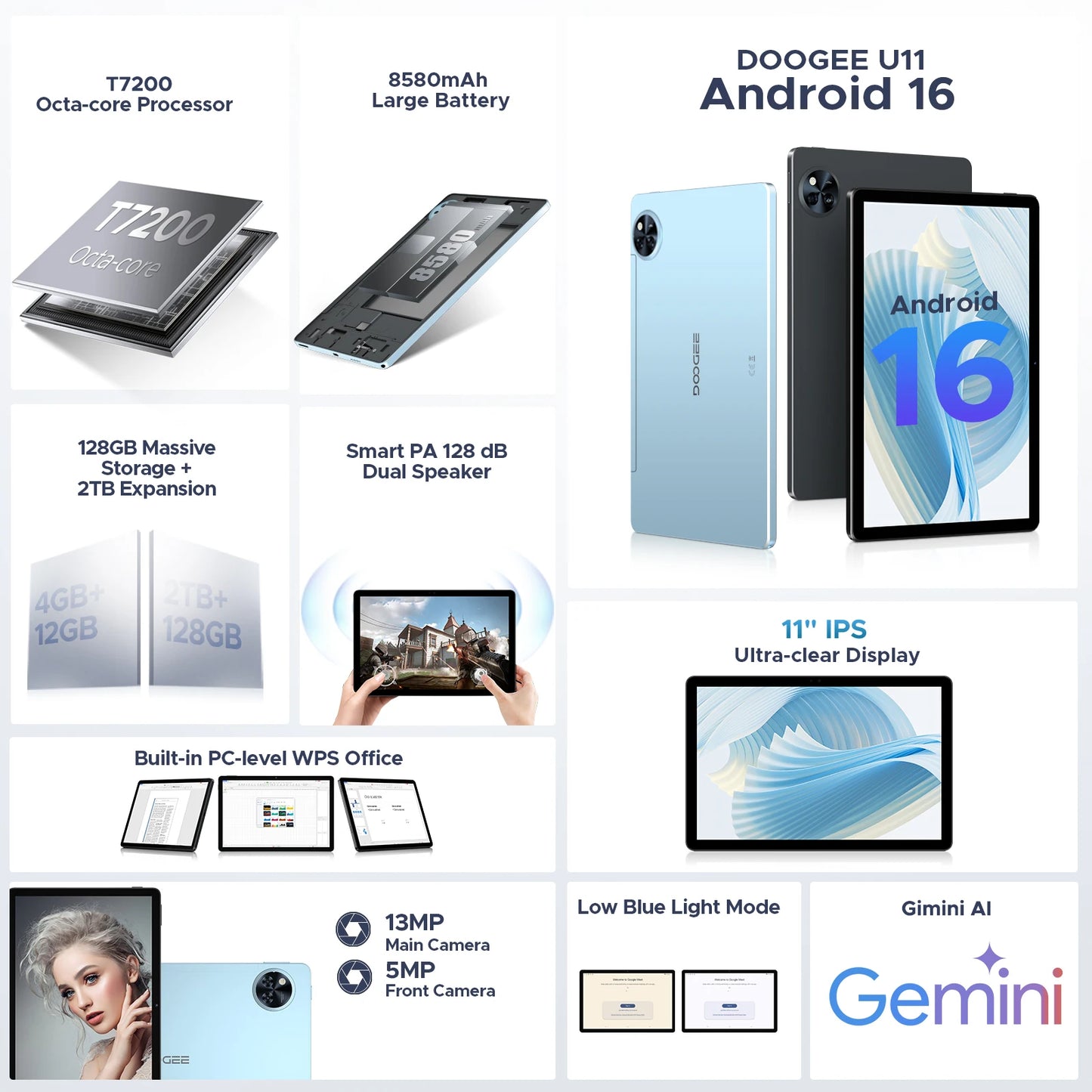 DOOGEE U11 Android 15 Tablet 11'' Ultra-clear 90Hz Display 4GB RAM 128GB ROM 8580mAh Battery Dual Speaker Supports Widevine L1