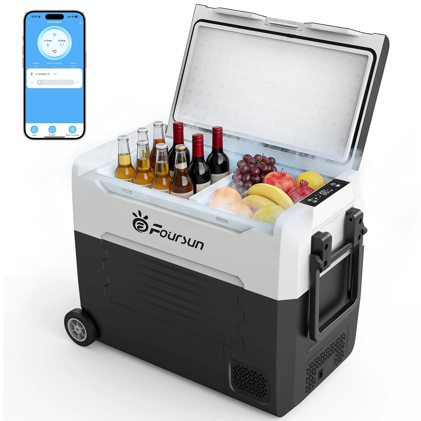 Foursun 21L/25L/35L/45L/55L Portable Compressor Car Fridge Freezer with Bluetooth App Control, for Camping, Travel, Home, DC 12V/24V & AC 100-240V