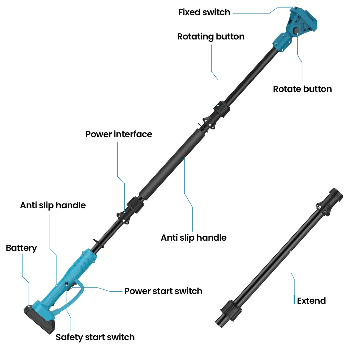 2M Plug In Type Extension Rod For Electric Pruning Shear & Chainsaw 180 ° Adjust High Branch Telescoping Rod For Makita 18V Batter