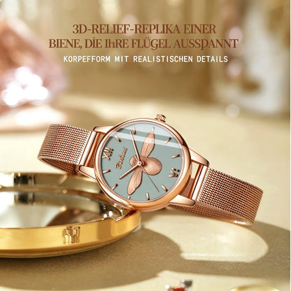 Women’s Quartz Watch, Elegant Ladies’ Wristwatch with Stainless Steel Mesh Band, 3ATM Water Resistant, 30mm Gray Dial, Rose-Gold Fashion Design with 3D Bee, Comes in a Gift Box—Perfect for Women at the Office or for Eve
