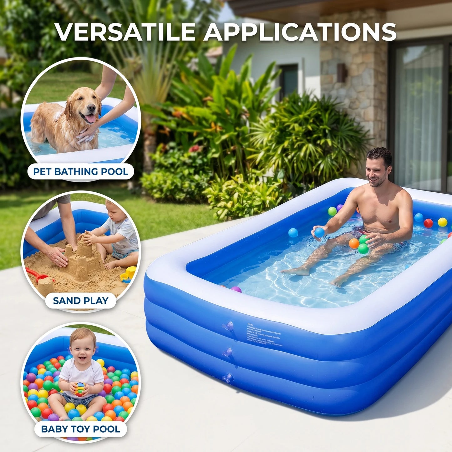 3M/2.6M Family Inflatable Rectangular Pool for Family Gatherings Parties Garden Leisure Durable PVC Outdoor Backyard Swimming Pool