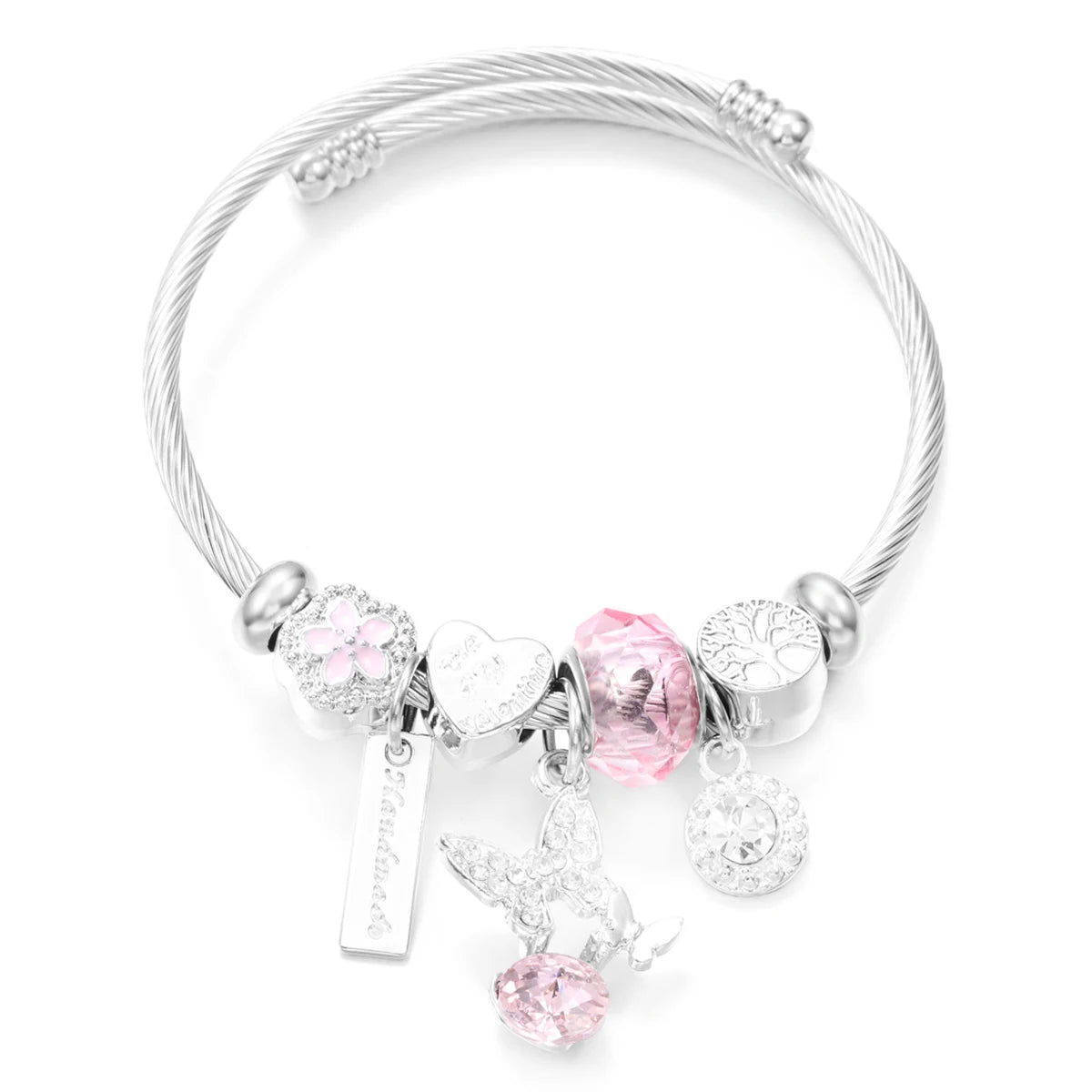 New Trendy Rhinestones Dragonfly Crystal Beaded Pendant Bracelet Stainless Steel 4 Colors Closure Bangles Women Bracelet Jewelry