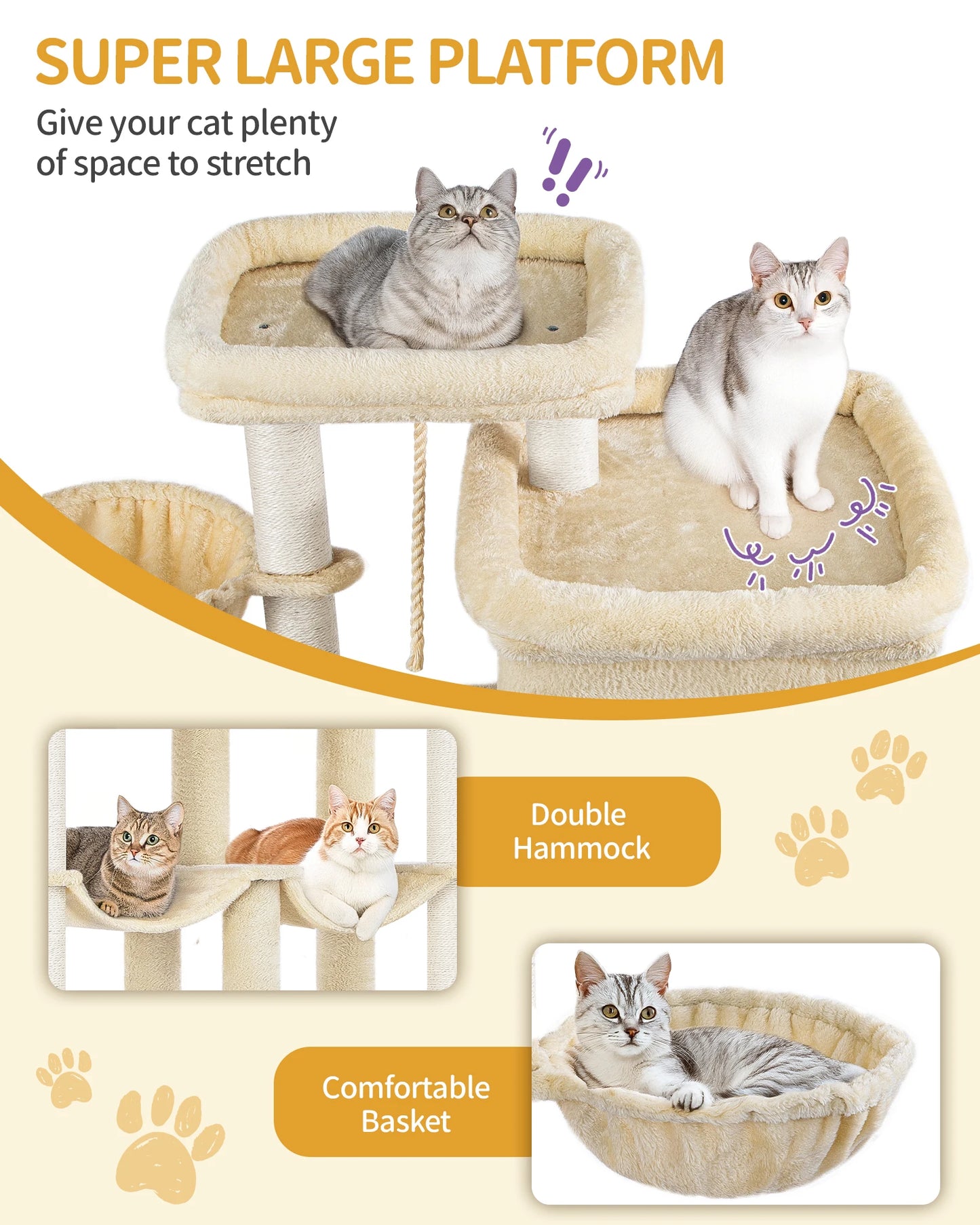200cm XXL cat tree with 10 scratching posts, 2 caves, 2 hammocks, large platform,basket,for Maine Coons,large cats, beige