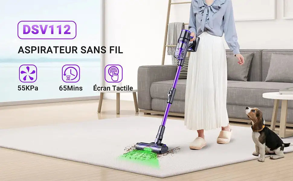 Blossom DSV112A Cordless Vacuum Cleaner 50000Pa 550W,180° Foldable Tube Touchscreen Stick Vacuum,55 Mins Runtime Anti-Tangle Roller Brush HEPA Filtration LED Light Wireless Vacuum for Pet Hair Hard Floor Carpet
