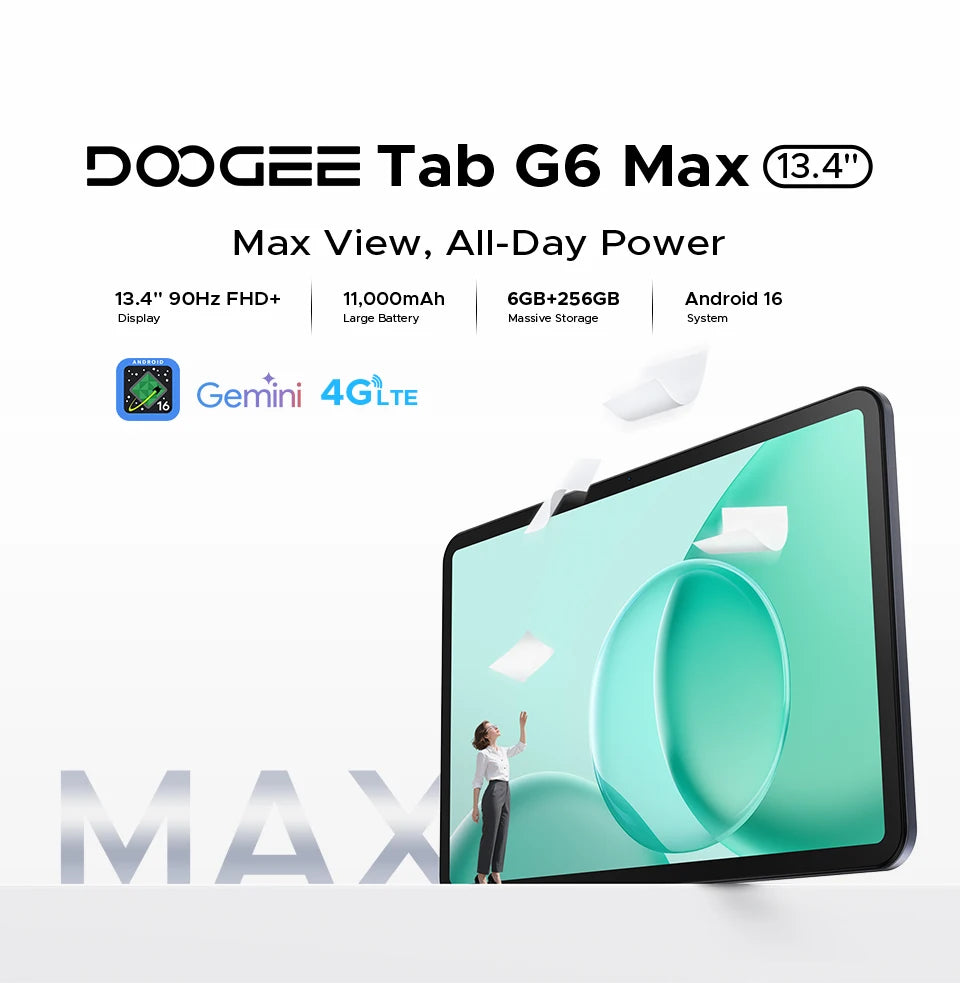 DOOGEE Tab G6 Max Tablet Android 16 32GB+256GGB 13.4'' 90Hz Display 11000mAh Battery 7.7mm Ultra-thin UNISOC T7280 Widevine L1