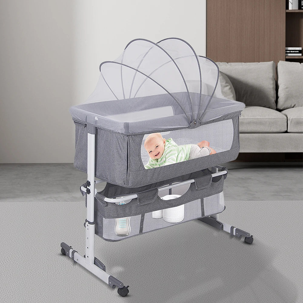 Baby bed, Cododo crib with mattress, baby extra bed, height adjustable, reclinable, Compatible with different beds, easy to install and carry, 6 months-9 kg, Gray