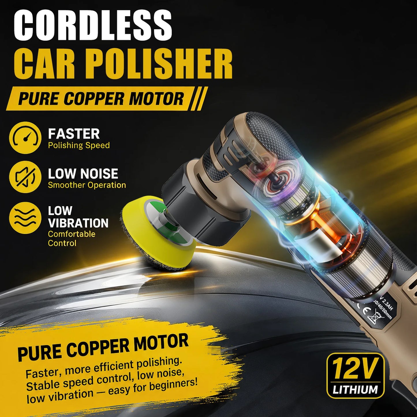 Cordless Mini Car Polisher 12V Detailing Wireless Car Polishing Machine 1/1.5/2 Inch Pades Kit For Auto waxis, Adjustable Speed With 11 Speed Settings and a range of 2500 - 6000 RPM for car and furniture polishing and scratch