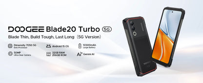 DOOGEE Blade20 Turbo 5G Rugged Phone Gemini Al 6.6'' Screen 10300mAh Battery 8GB 256GB 50MP Camera Android 15 NFC Mobile Phone