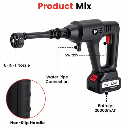 POPDEER PD-W01 Cordless High Pressure Car Washer, 200Bar 6-in-1 Nozzle, 4.0Ah Battery, 5m Hose for Car Cleaning