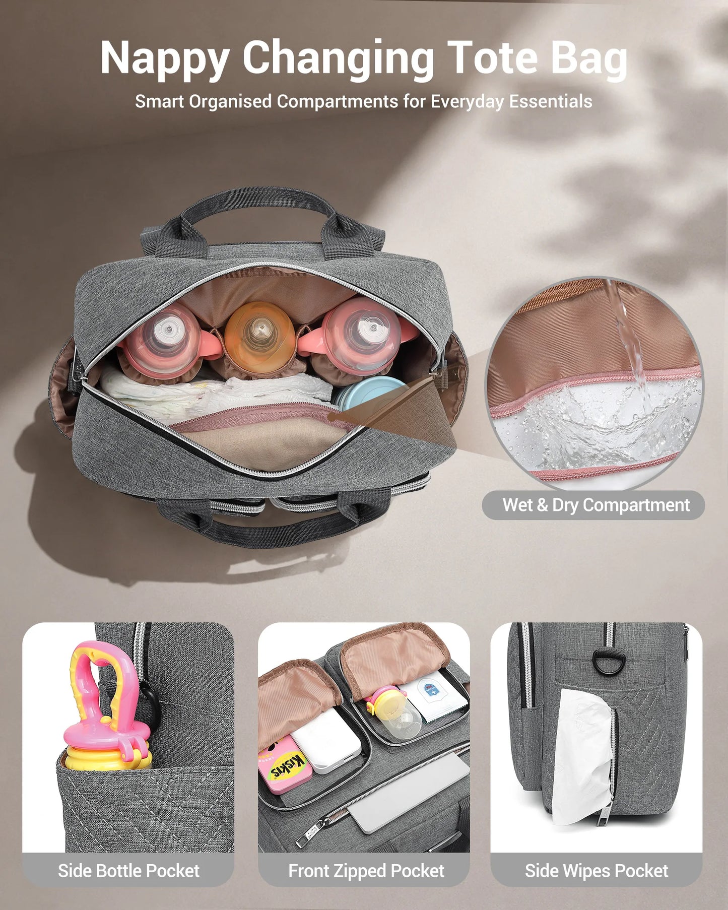 KONO Baby Diaper Bag, stylish and versatile for moms and dads, travel bag with insulated pockets for bottles and snacks