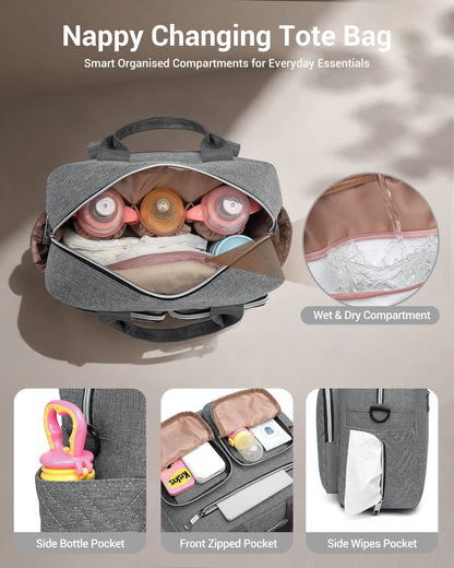 KONO Baby Diaper Bag, stylish and versatile for moms and dads, travel bag with insulated pockets for bottles and snacks