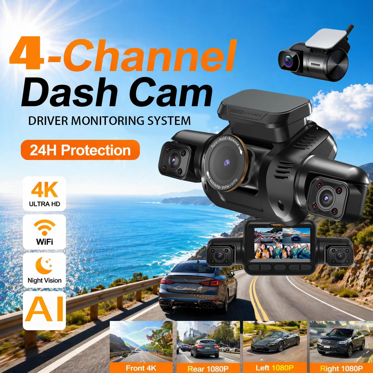 HUPEJOS V8Pro-4CH 360° 4K Dash Cam AI Driver Monitor System Built-in WiFi GPS,Night Vision,Voice Control,24H Parking Mode