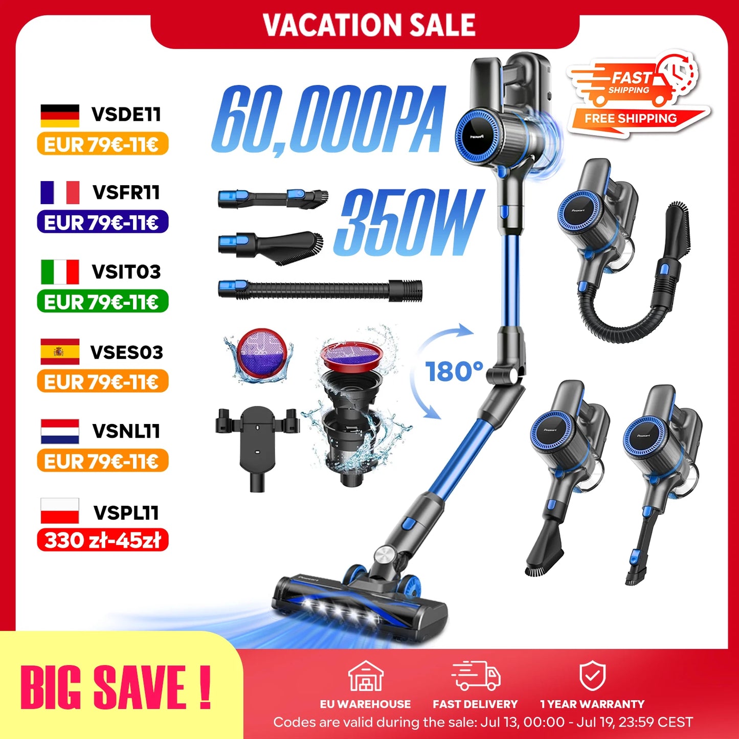 60KPa, 50min, 1L wireless vacuum cleaner for animal hair, Carpet, hard floors, N700