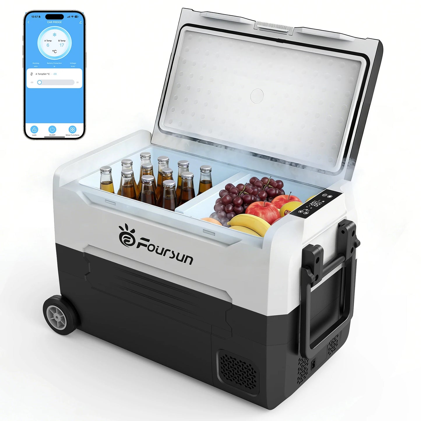 Foursun 21L/25L/35L/45L/55L Portable Compressor Car Fridge Freezer with Bluetooth App Control, for Camping, Travel, Home, DC 12V/24V & AC 100-240V