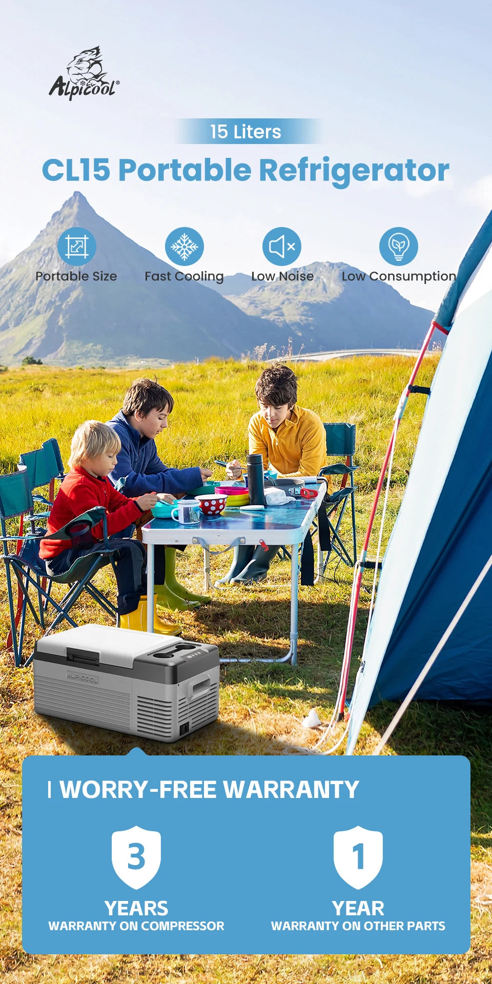 Alpicool CL15 15L Car Refrigerator 12V Compressor Fridge Mini Freezer 12/24V DC 100-240V AC Portable Cooler for Camping Travel