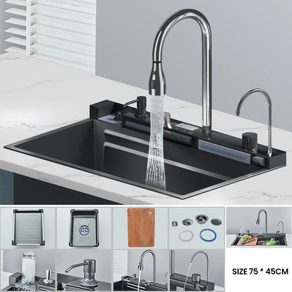 OWJHE304 Stainless Steel Kitchen Sink with Digital Display Waterfall Faucet Multifunctional 75*45cm Large Single Slot Whale Sink