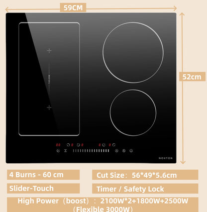 NOXTON White/Black Induction Hob Plug in, (UK:2800W/EU:3500W) 4 Zones with 1 Grill Zone, 60CM Touch, Safety Lock,Ceramic Glass