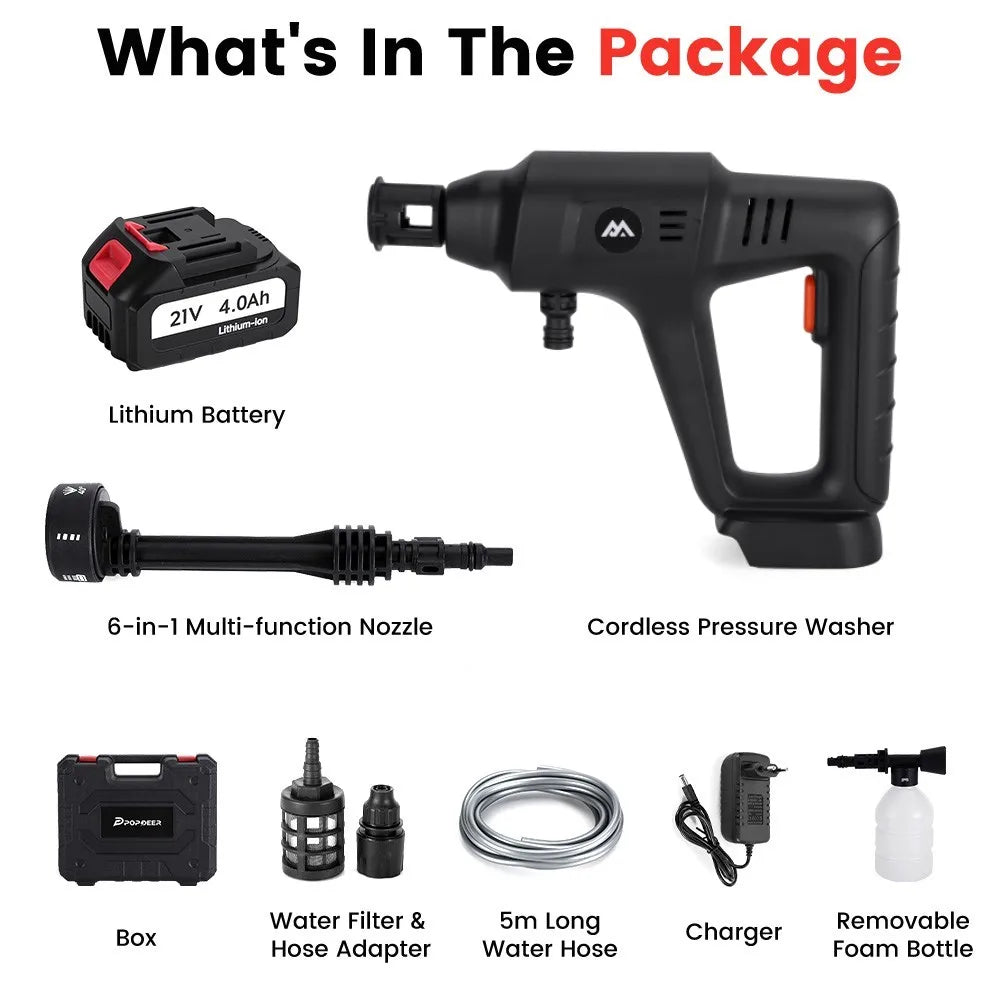 MUDIRO 4.0Ah 200Bar 3500W High Pressure Cordless Car Washer 6-in-1 Multi-Function Nozzle Car Cleaning Water Gun