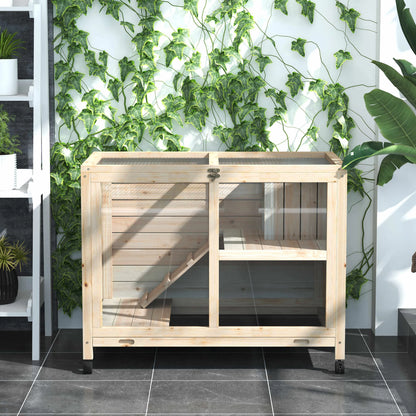 Rabbit Cage, Mobile Wooden Pet Hutch with Wheels, Indoor Bunny Cage with Openable Top, Ramp & Removable Tray for Small Animals Farm Animal Supplies Easy Clean Tray & Multi-Level Platforms